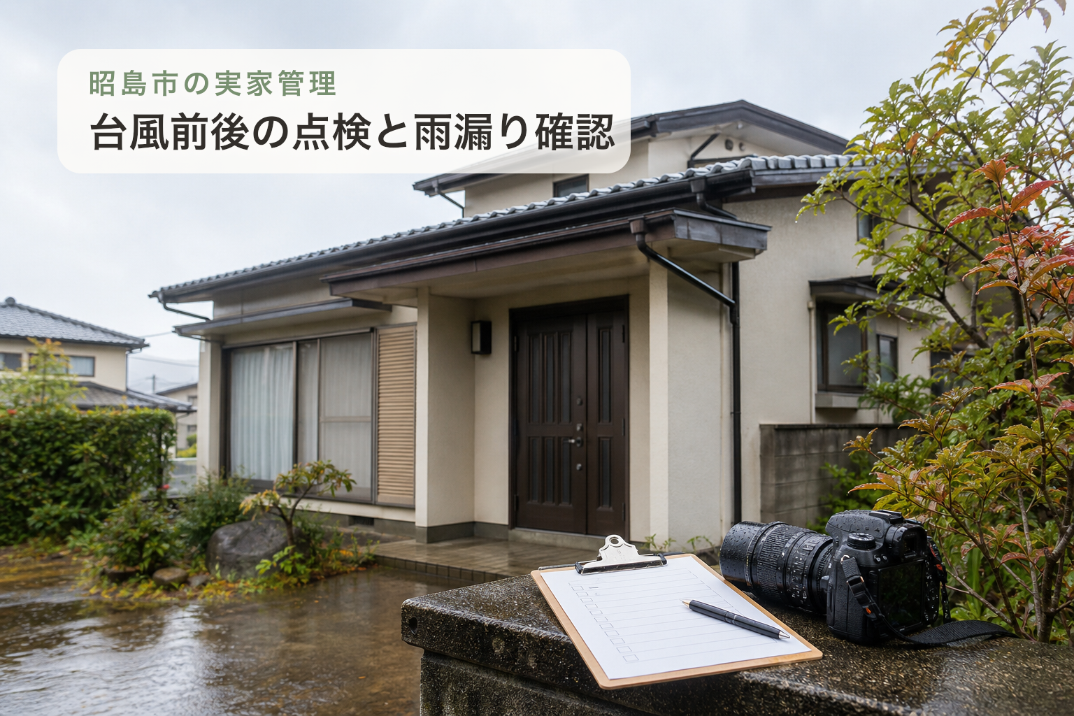 台風前後に空き家の雨漏りと庭まわりを点検するイラスト